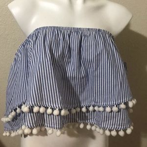Striped crop top with Pom Pom tassels